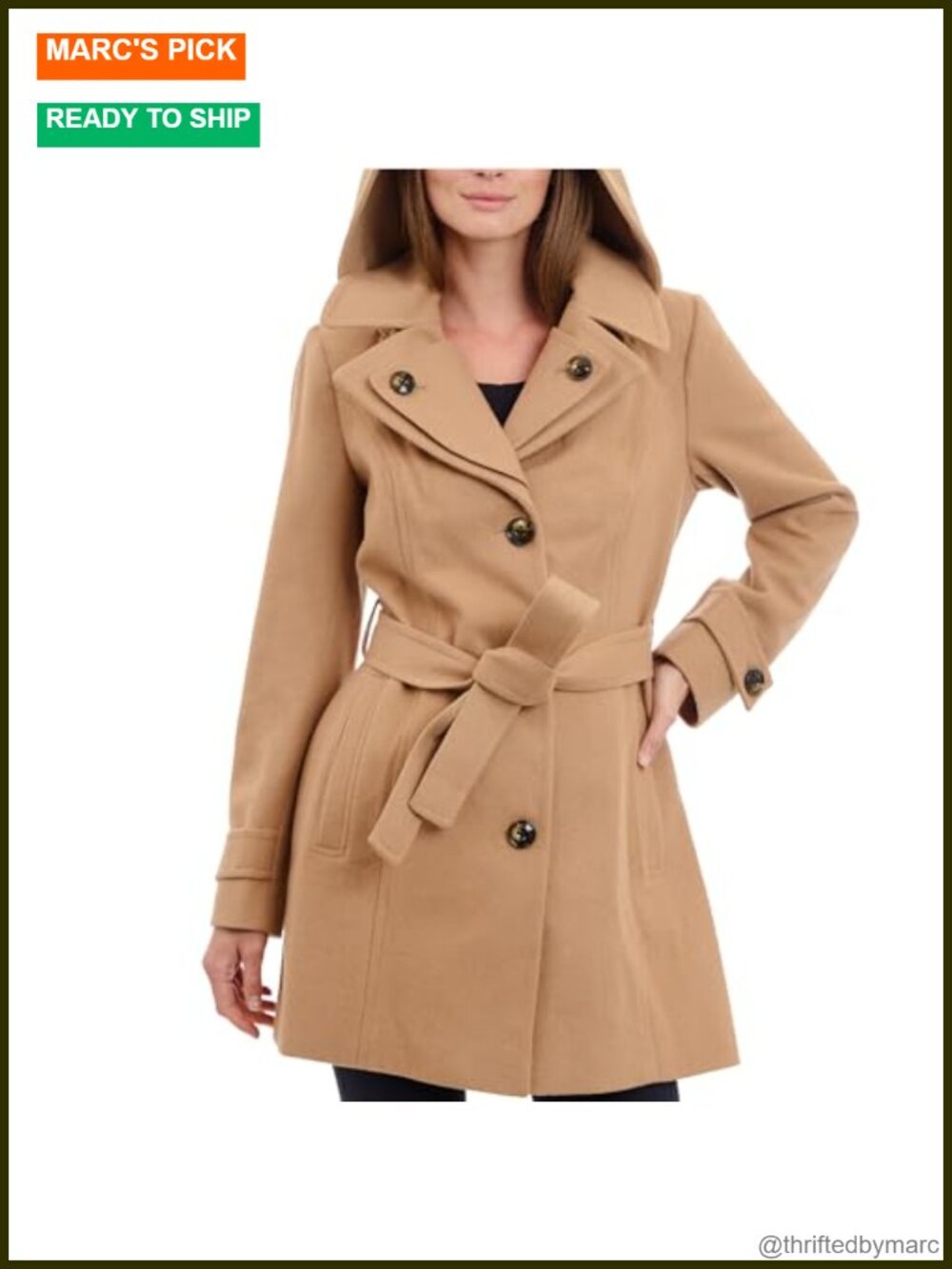 Wool Blend Double Lapel Thigh Length Button Front Belted Coat